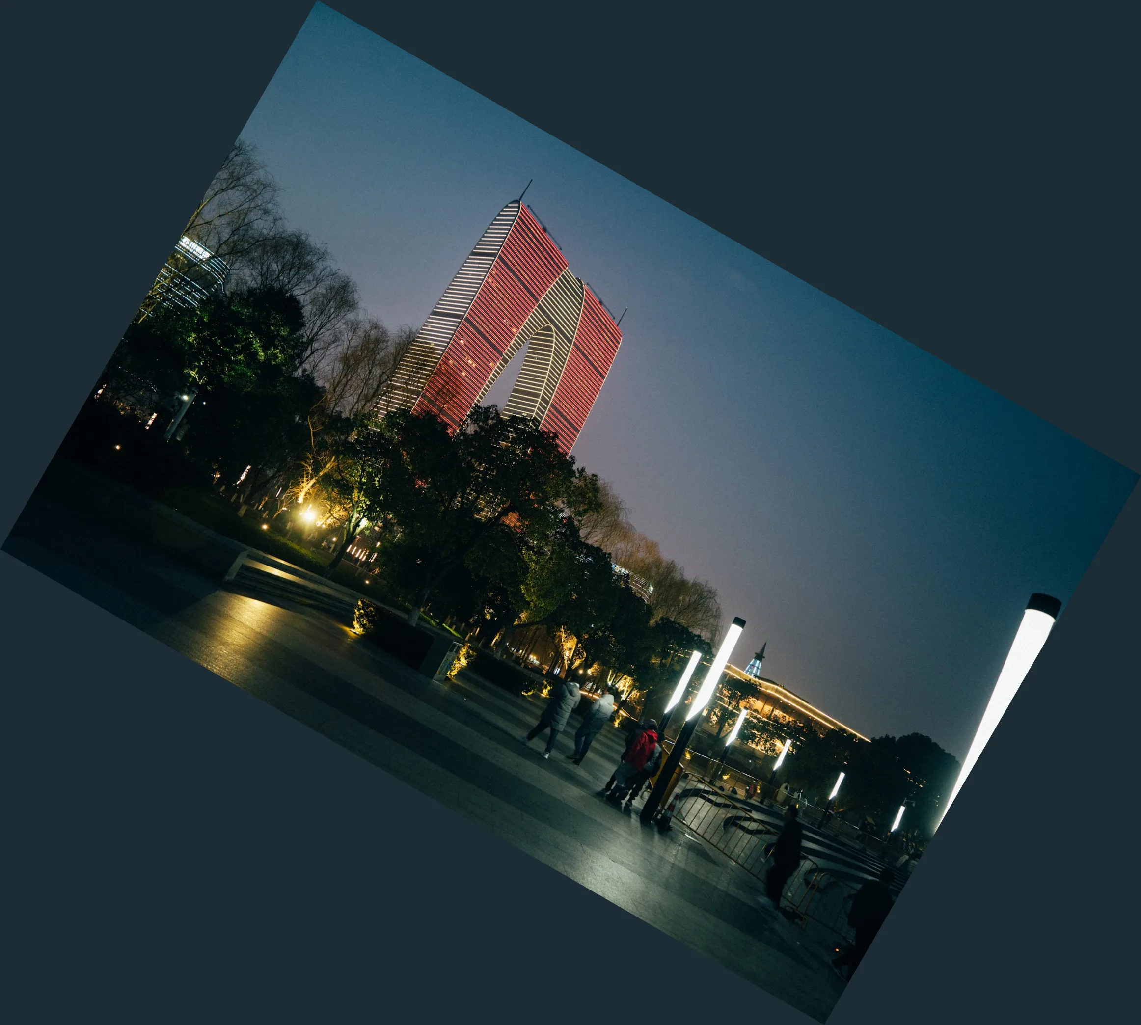 Night photograph rotated clockwise by 30 degrees on a dark expanded canvas